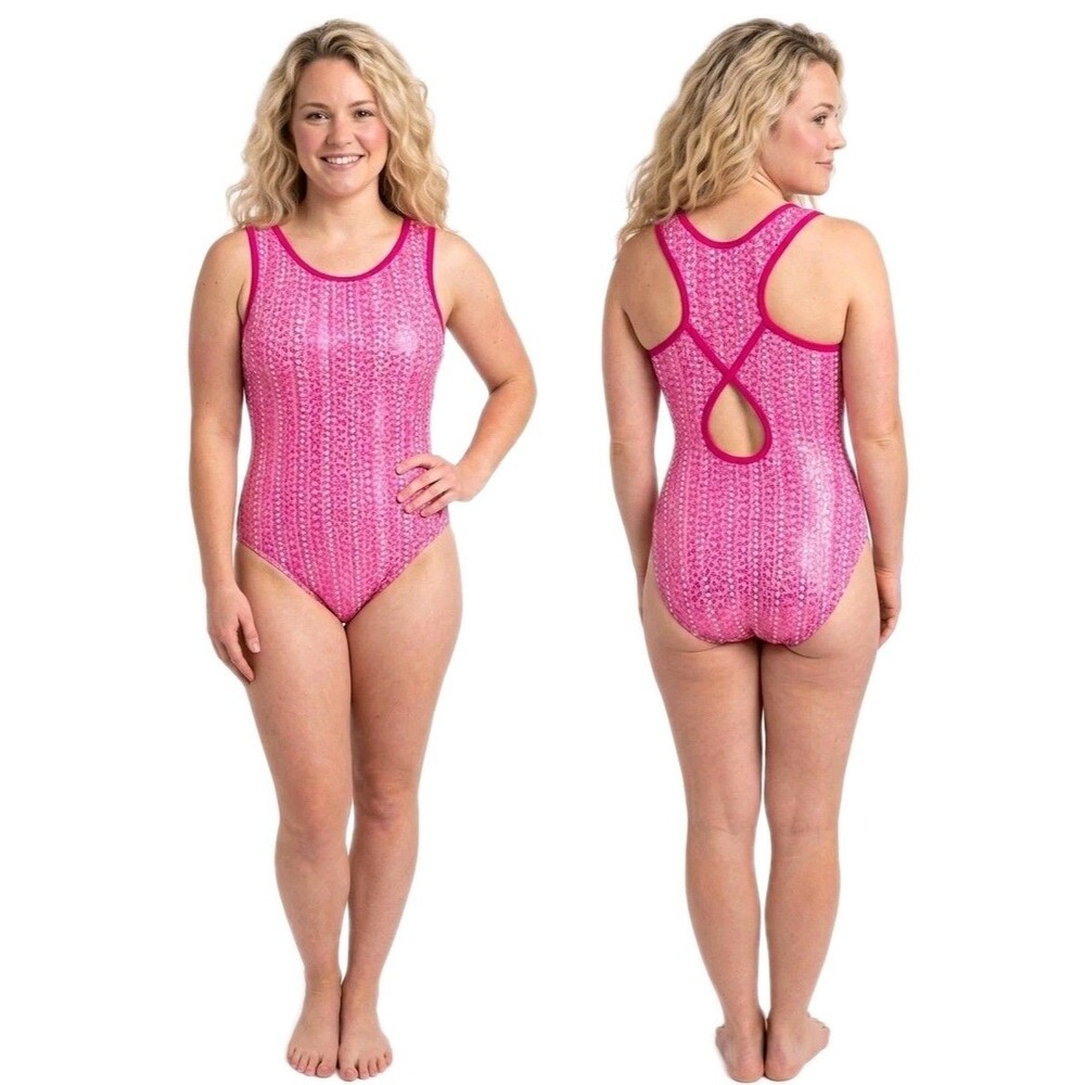 GK Elite VTG  Pink Dots Keyhole Racerback Tank Leotard Glittery Size AL Adult L